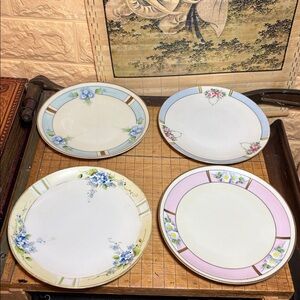 4 Meito Plates 6.5”D Gold Trim Mixed Pastel Borders Flowers Hand Painted Japan